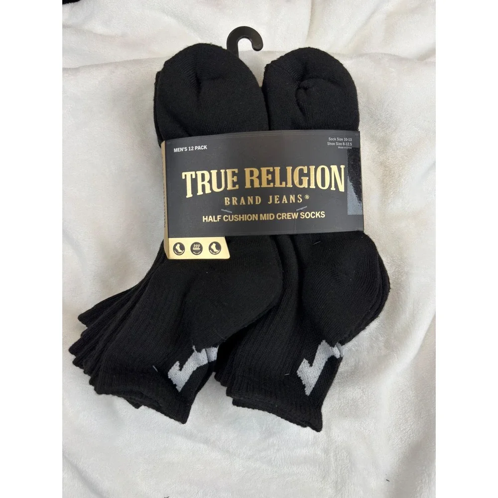 True Religion Mens 12 Pack Half Cushion Quarter Socks Black Horseshoe Logo New
